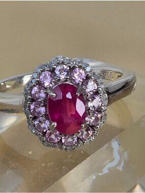 925 Sterling Silver Ring 7.25 with Natural Ruby, Natural Diamonds, Pink Spinel
